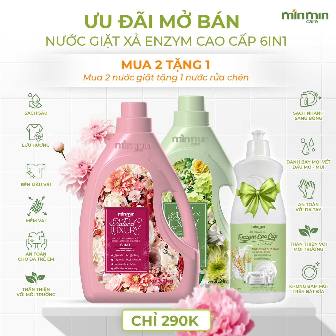 Combo 2 Can 6,4Kg Nước Giặt Xả Enzym Sinh Học Luxury Min Min Care (2 Can Mix 2 Màu) Tặng 1 chai nước rửa chén 750ml