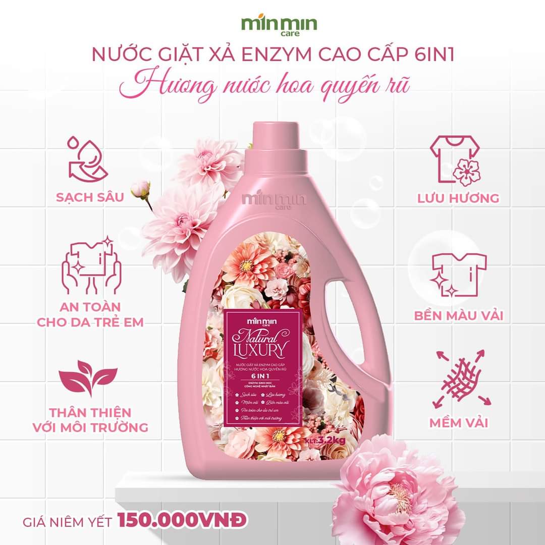 1 Can 3,2kg Nước Giặt Xả Enzym Sinh Học Luxury Min Min Care Hương Nước Hoa Quyến Rũ Màu Hồng