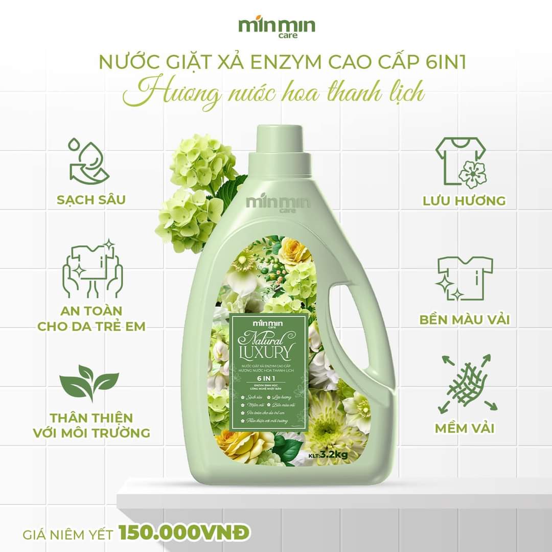 1 Can 3,2kg Nước Giặt Xả Enzym Sinh Học Luxury Min Min Care Hương Nước Thanh Lịch Màu Xanh