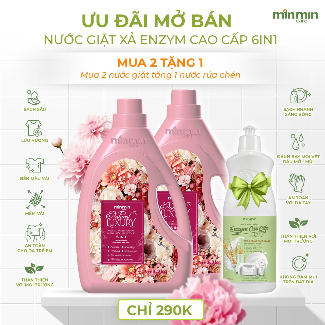 Combo 2 Can 6,4Kg Nước Giặt Xả Enzym Sinh Học Luxury Min Min Care Hương Nước Hoa Quyến Rũ Màu Hồng Tặng 1 chai nước rửa chén 750ml