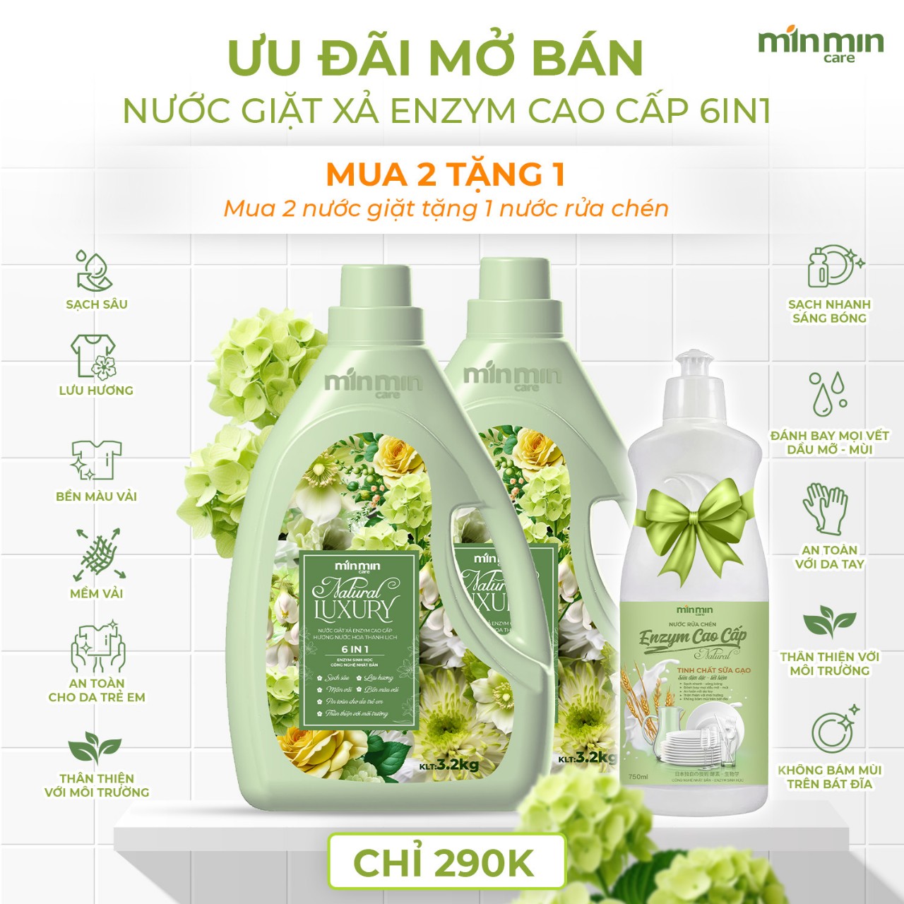 Combo 2 Can 6,4Kg Nước Giặt Xả Enzym Sinh Học Luxury Min Min Care Hương Nước Hoa Thanh Lịch Tặng 1 chai nước rửa chén 750ml